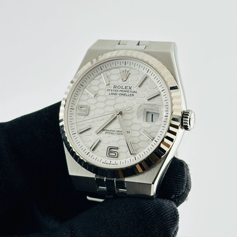 Rolex Land-Dweller White Honeycomb Dial on Flat Jubilee Ref 127334 with New Style Card Green 2026