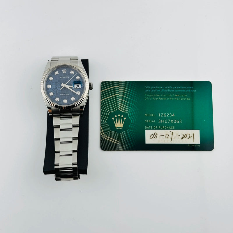 Rolex Datejust Blue Jubilee Diamond Dial on Oyster Ref 126234 with New Style Card Green 2021