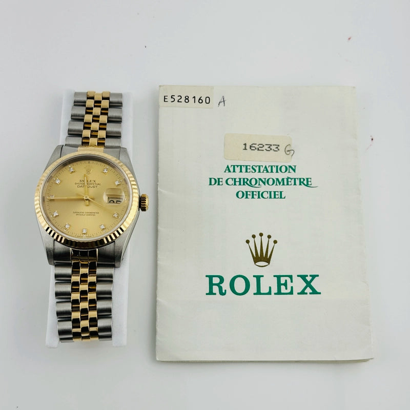 Rolex Datejust Champagne Diamond Dial on D Link Jubilee Ref 16233 with Papers 1990