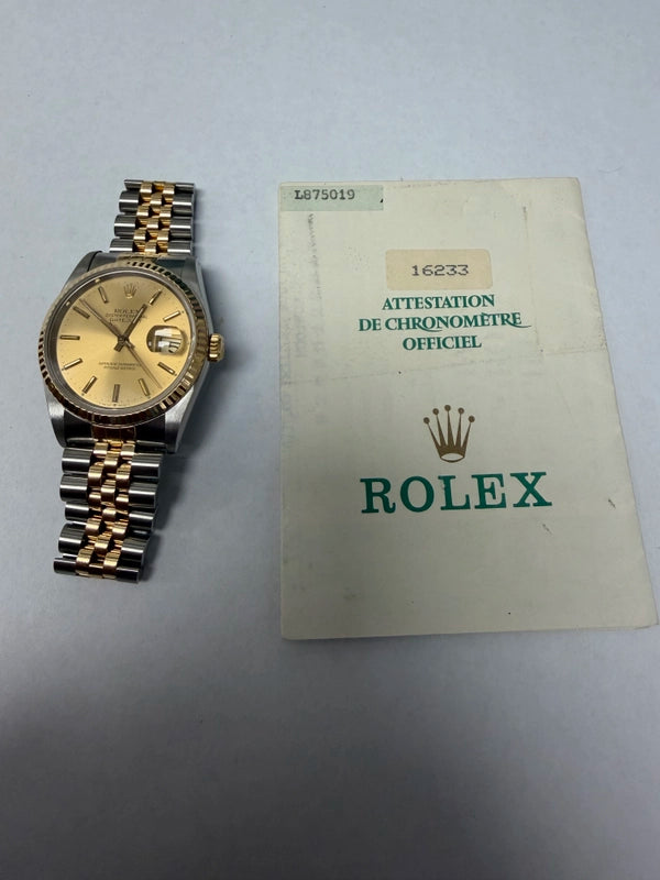 Rolex Datejust Champagne Stick Dial on Jubilee Ref 16233 with Papers 1990