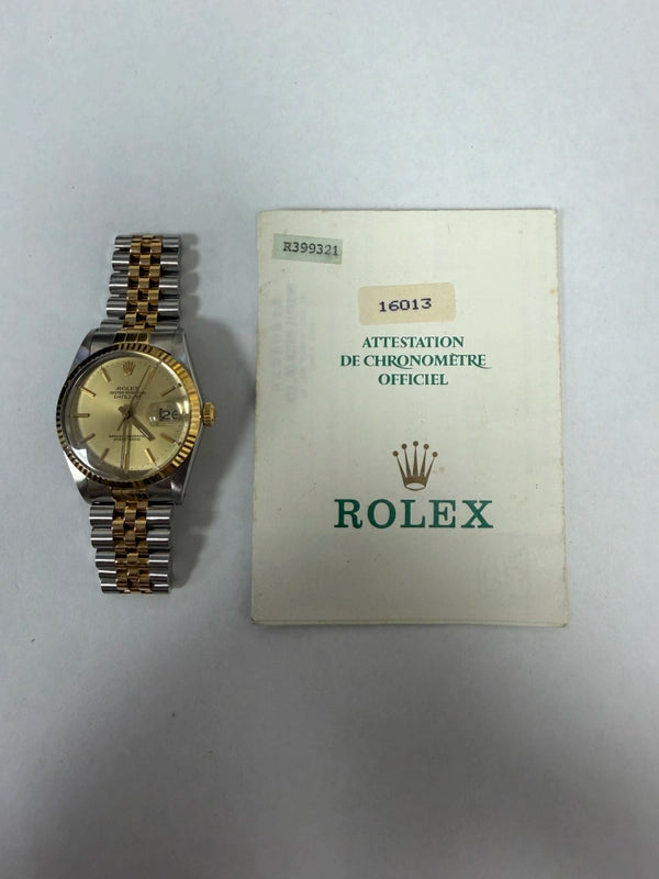 Rolex Datejust Champagne Stick Dial on D Link Jubilee Ref 16013 with Papers 1988