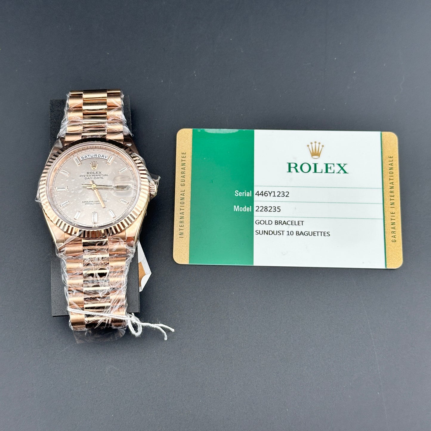 Rolex Day Date Sundust Baguette Dial on President Bracelet Ref. 228235 Card 2017 — view 7