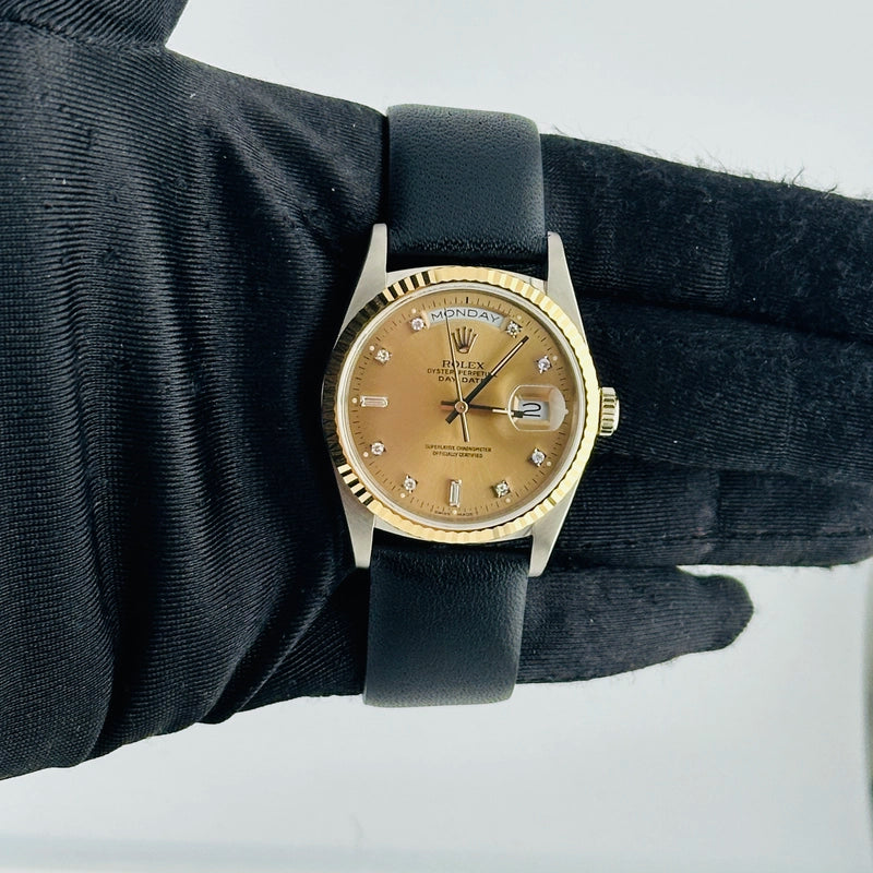 Rolex Day-Date Champagne Diamond Factory Dial on Am Leather Ref 18239BIC