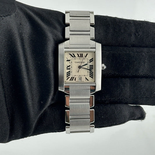 Cartier Tank Francaise Large White Roman Dial on Stainless Steel Bracelet Ref 2302
