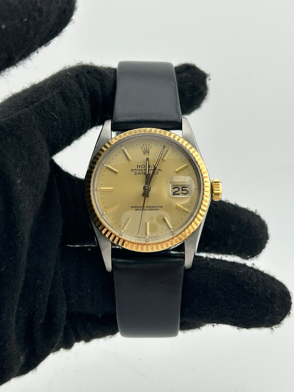 Rolex Datejust 36 Champagne Index Dial on Generic Black Leather Band Ref. 16013 1988