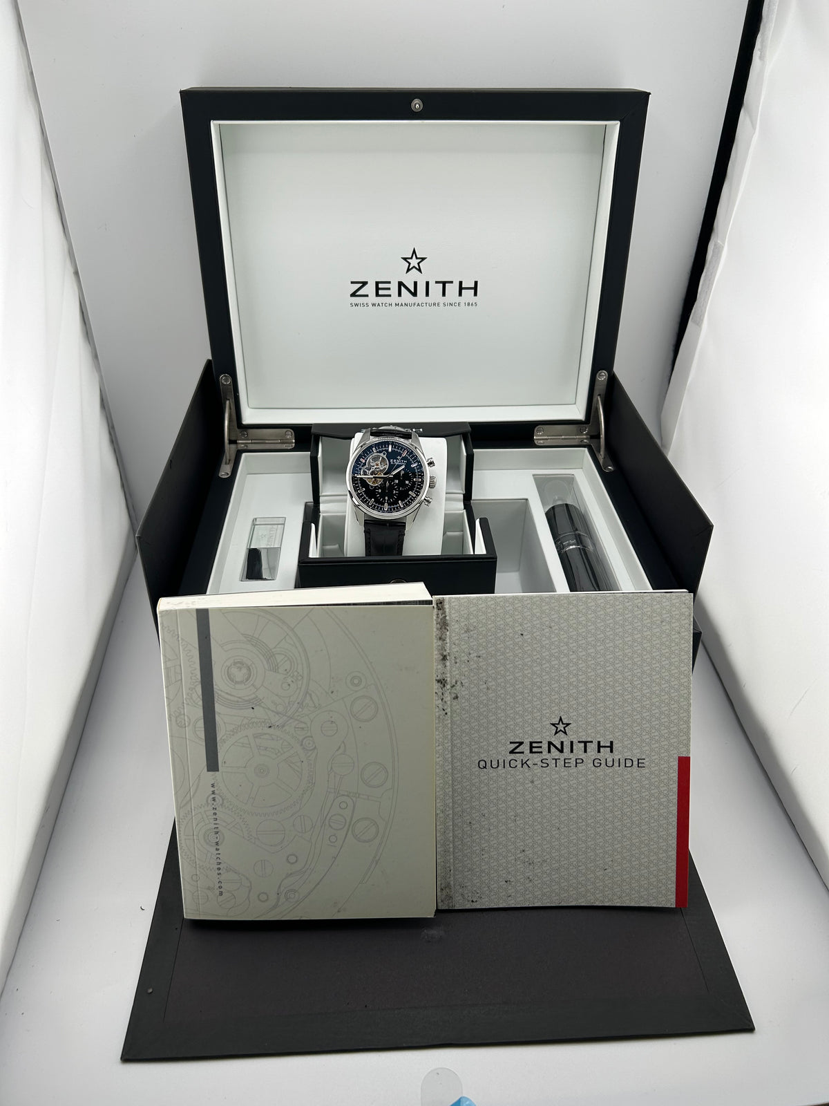 Zenith El Primero Chronomaster Black Dial on Black Leather Band Ref. 03.2080.4061/21.C496 Manuals Only and Box — view 7