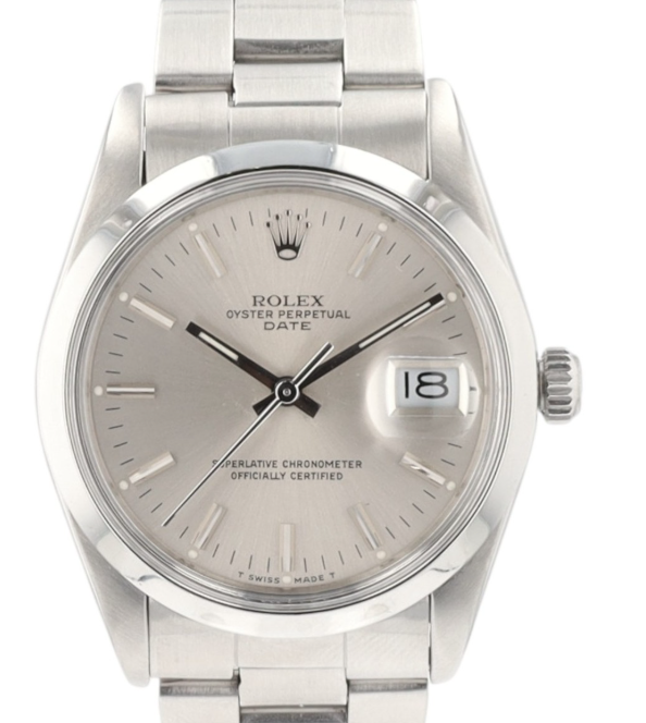 Rolex Oyster Perpetual Date Silver Stick Dial on Oyster Steel Bracelet Ref. 15000 1988