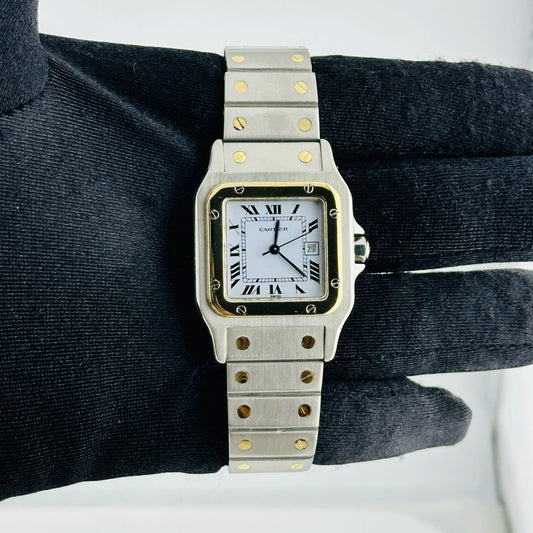 Cartier Santos Galbee White Roman Dial on 2 Tone Bracelet Ref 2961
