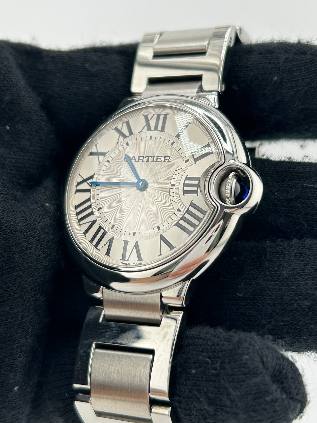 Cartier Ballon Bleu 33 Silver Roman Numerals Dial on Stainless Steel Bracelet Ref. W6920084 — view 3