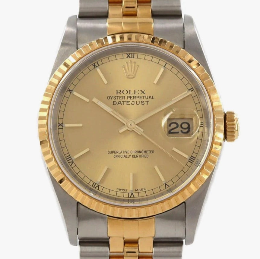 Rolex Datejust 36 Champagne Stick Dial on Generic Black Leather Band Ref. 16233 1995