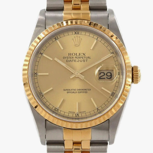 Rolex Datejust 36 Champagne Stick Dial on Generic Black Leather Band Ref. 16233 1995
